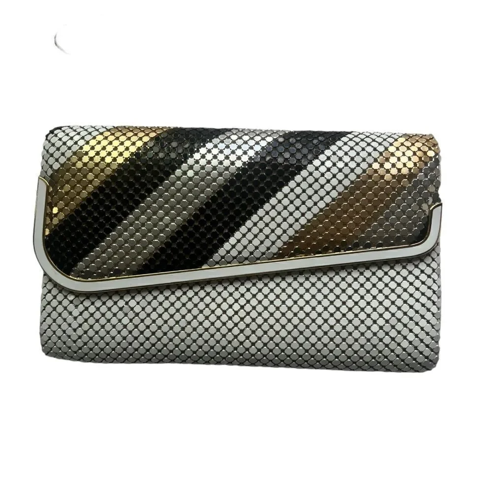 Vintage ELKA Handbag Shoulder Purse White Gold Black Silver Sequin Metal